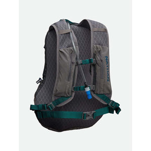 Nathan hydration backpack back view with mesh padding and drinking tube