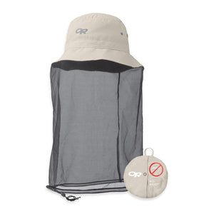 Outdoor Research tan bucket hat with attached black mosquito netting and matching storage pouch