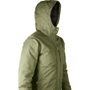 Side view of a green hooded winter jacket with a black interior lining