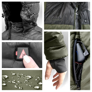 ActionHeat jacket features including hood, power button, battery pocket, and water resistant fabric