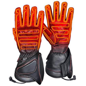 Pair of black and red heated motorcycle gloves with visible internal heating elements