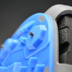 Winter Walking ice cleat tread with blue rubber base and metal traction stud