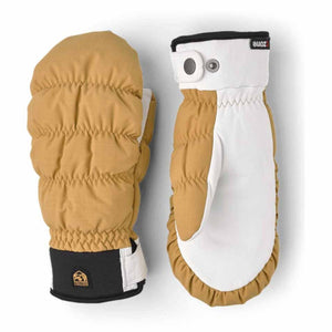 Hestra tan and white leather mittens with black cuff