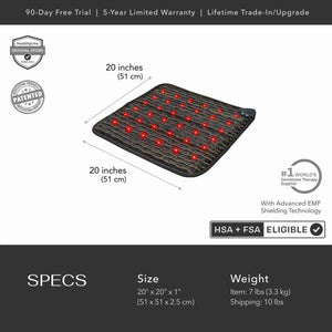 HealthyLine gemstone therapy mat with 20 by 20 inch dimensions and technical specifications