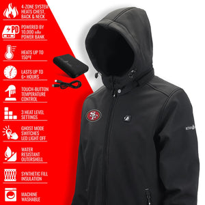 ActionHeat San Francisco 49ers heated jacket with feature list including 4-zone heating and 10000 mAh power bank