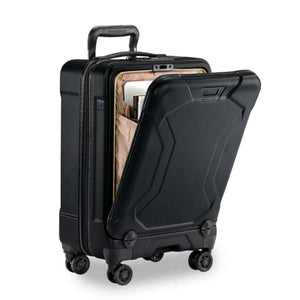 Briggs and Riley black carry on suitcase with open front laptop compartment