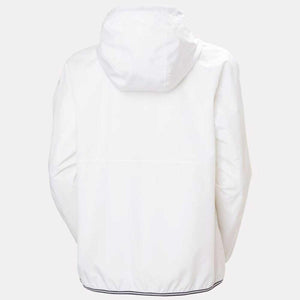 Back view of a white hooded Helly Hansen jacket