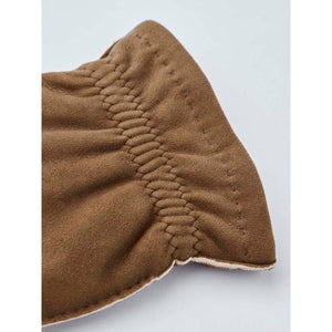 Close up of brown suede Hestra glove cuff with elastic detail