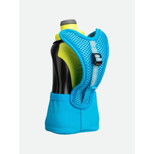 Nathan blue mesh handheld water bottle carrier with black and yellow bottle