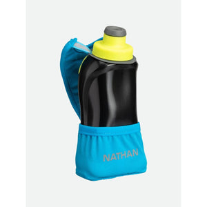 Nathan handheld water bottle with blue strap and black bottle