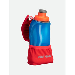 Nathan blue handheld water bottle with red strap and orange cap