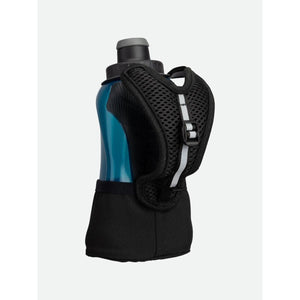 Nathan blue handheld water bottle with black mesh strap and reflective detailing