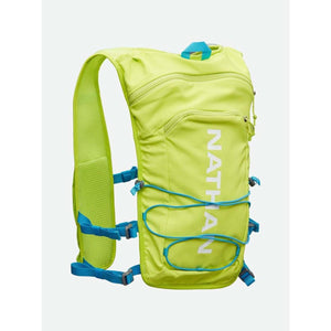 Nathan lime green hydration vest with blue straps and bungee cord