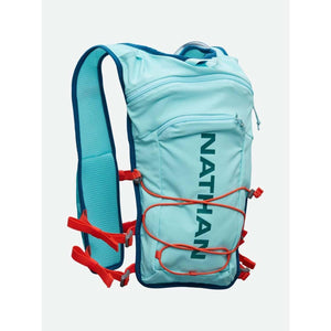 Light blue Nathan hydration vest with orange bungee cord and mesh straps