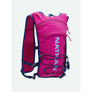 Nathan pink and blue hydration running vest with front storage pockets and adjustable straps