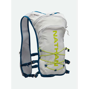 Nathan hydration vest in light grey with blue trim and yellow bungee cord