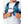Person wearing a blue Nathan hydration vest with chest straps and hydration tube