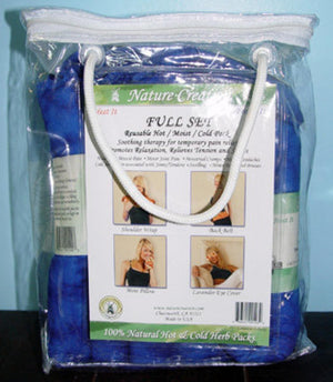 Nature Creations full set of reusable hot and cold herb packs in a clear carrying case