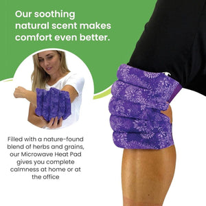 Nature Creation purple floral microwave heat pad wrapped around a human elbow