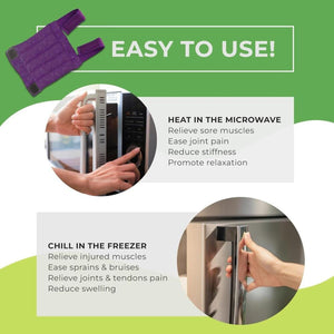 Nature Creation purple heating pad showing microwave heating and freezer chilling instructions