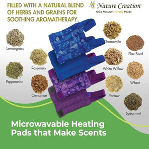 Nature Creation therapy pads surrounded by herbal and grain ingredients including lemongrass chamomile and flax seed