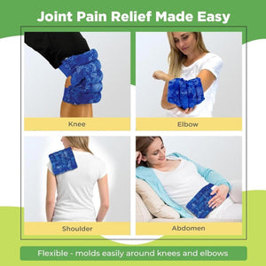 Nature Creation blue floral heat pack applied to knee elbow shoulder and abdomen