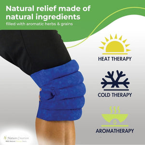 Nature Creation blue knee therapy pack showing heat cold and aromatherapy icons