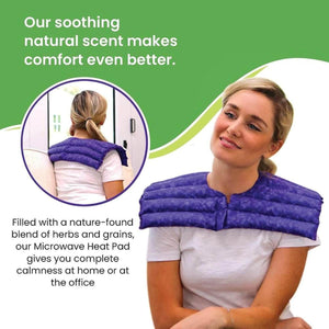 Nature Creation purple microwave heat pad worn on shoulders by a woman
