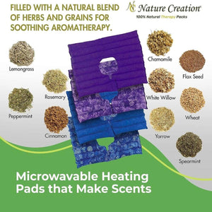 Nature Creation microwavable heating pads surrounded by herbs and grains including lemongrass chamomile and flax seed