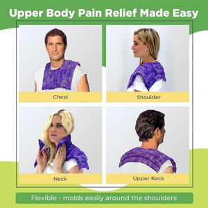 Nature Creation purple heating pad shown on chest shoulder neck and upper back