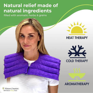 Woman wearing purple Nature Creation herbal neck wrap showing heat cold and aromatherapy icons