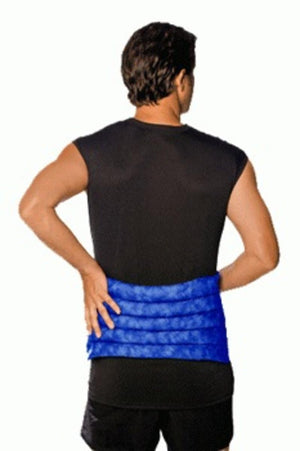 Man wearing a blue Nature Creation hot and cold therapy wrap around his lower back