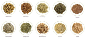 Nature Creation herbal ingredients including chamomile cinnamon rosemary spearmint flaxseed lemongrass peppermint wheat