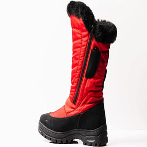 Red and black winter boot with faux fur trim and side zipper