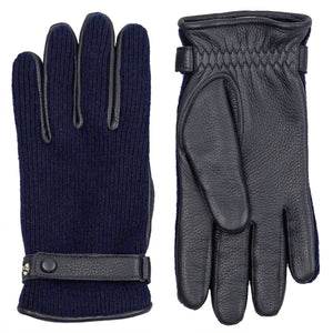 Hestra navy blue knit and leather gloves