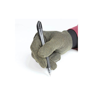 Hand wearing a textured olive green work glove holding a black pen