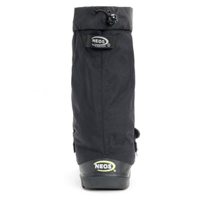 Back view of a black Neos overshoe with a drawstring top and brand logo