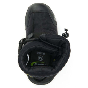 Top view of a black winter boot with a toggle closure and interior label marked Right