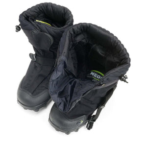Pair of black NEOS overshoes with adjustable straps and drawstring cuffs