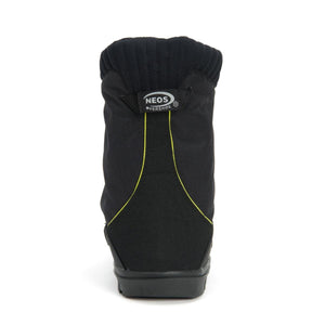 Back view of a black Neos overshoe with yellow trim and logo