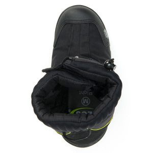 Top view of a black Neos overshoe with a drawstring closure