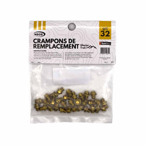 SureWerx Neos Glacier Trek replacement crampons in a plastic bag with 32 count label