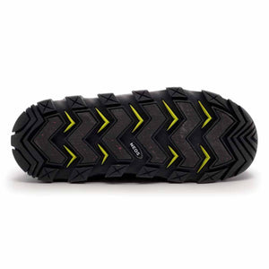 Black Neos boot outsole with chevron tread pattern and yellow accents