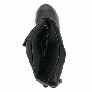 Top view of a black Neos overshoe showing the interior lining and adjustable strap