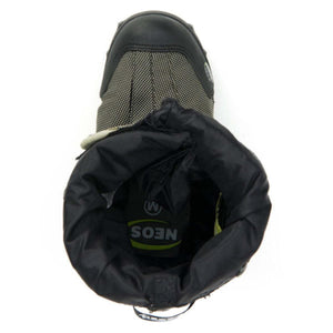 Top view of a black Neos overshoe with a textured grey upper and open cuff