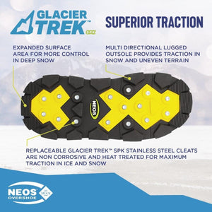Neos Glacier Trek SPK outsole showing lugged tread pattern and replaceable stainless steel cleats