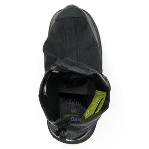 Top view of a black Neos overshoe showing the interior lining and size label