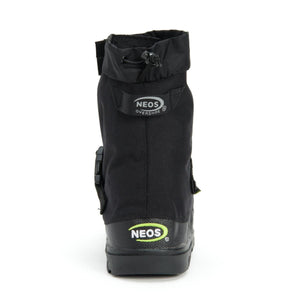Back view of black Neos overshoe with drawstring closure and logo