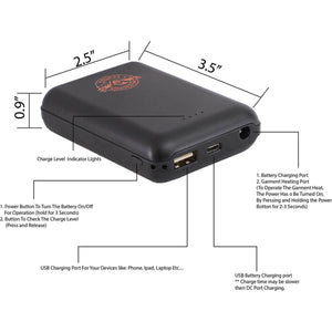 Milwaukee battery pack showing dimensions and labeled ports for charging and garment heating operation