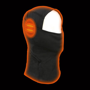 Black heated balaclava with glowing orange heating element on the side